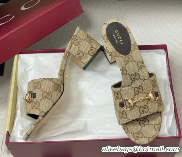 Good Product Gucci GG Canvas Heel Slides Sandal 5.5cm with Horsebit 8548829 Beige 2026