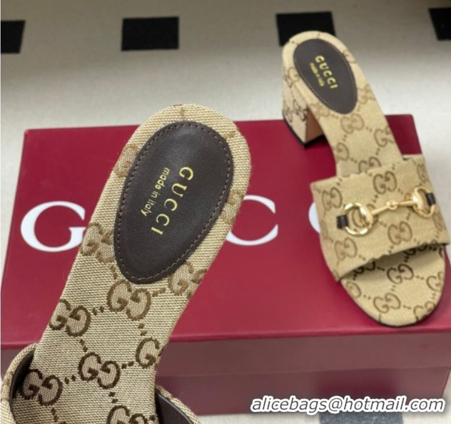 Good Product Gucci GG Canvas Heel Slides Sandal 5.5cm with Horsebit 8548829 Beige 2026
