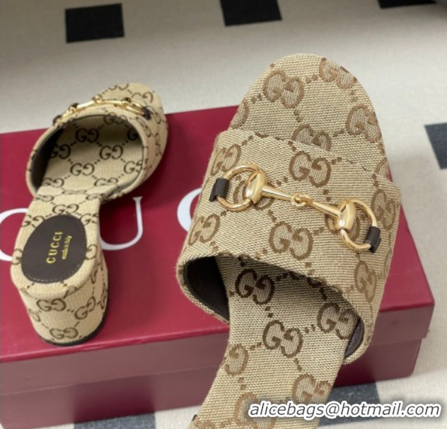 Good Product Gucci GG Canvas Heel Slides Sandal 5.5cm with Horsebit 8548829 Beige 2026