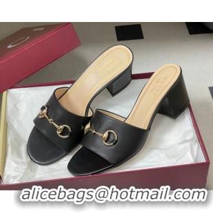 Good Quality Gucci Lambskin Leather Heel Slides Sandal 5.5cm with Horsebit 8548829 Black 2026