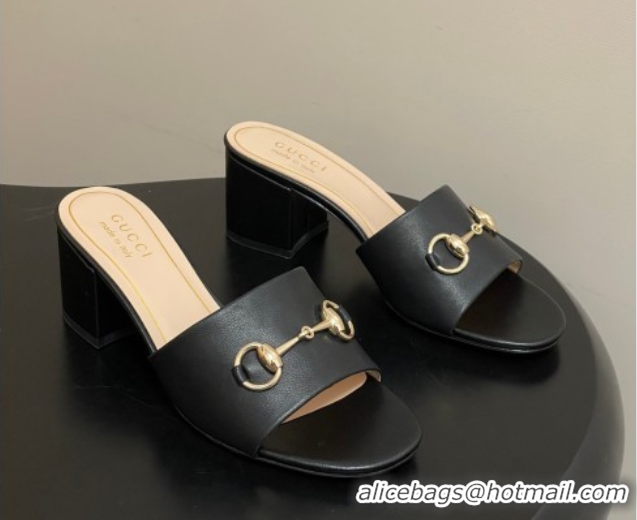 Good Quality Gucci Lambskin Leather Heel Slides Sandal 5.5cm with Horsebit 8548829 Black 2026