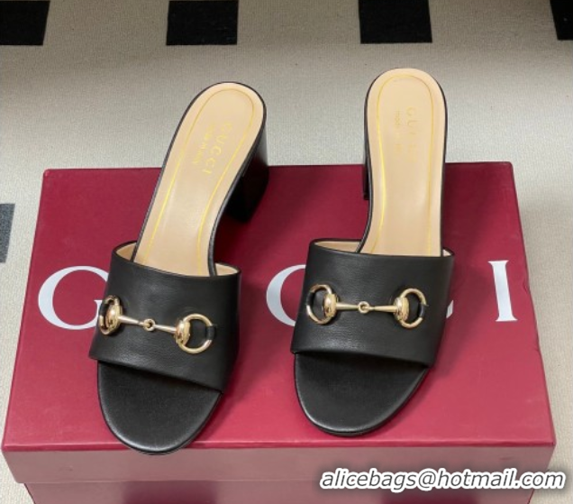 Good Quality Gucci Lambskin Leather Heel Slides Sandal 5.5cm with Horsebit 8548829 Black 2026