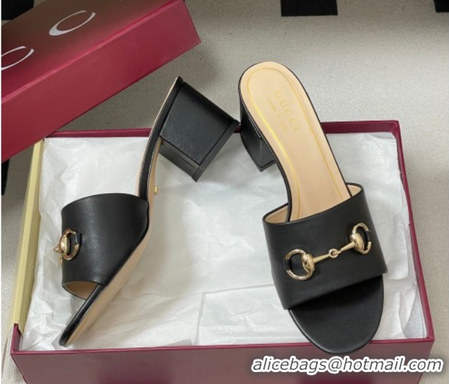 Good Quality Gucci Lambskin Leather Heel Slides Sandal 5.5cm with Horsebit 8548829 Black 2026