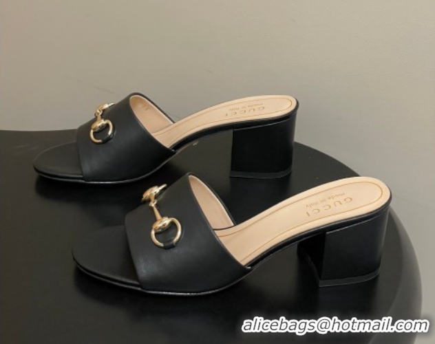 Good Quality Gucci Lambskin Leather Heel Slides Sandal 5.5cm with Horsebit 8548829 Black 2026