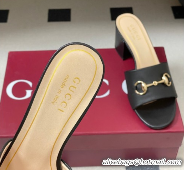 Good Quality Gucci Lambskin Leather Heel Slides Sandal 5.5cm with Horsebit 8548829 Black 2026