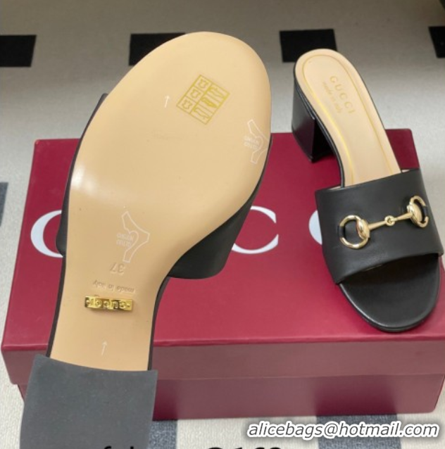 Good Quality Gucci Lambskin Leather Heel Slides Sandal 5.5cm with Horsebit 8548829 Black 2026
