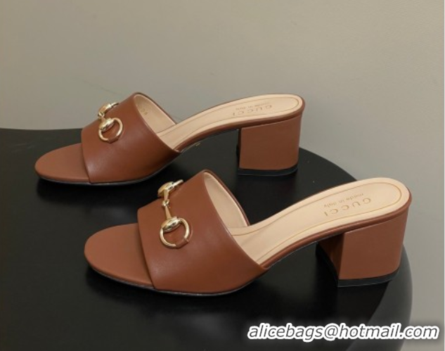 Grade Gucci Lambskin Leather Heel Slides Sandal 5.5cm with Horsebit 8548829 Brown 2026