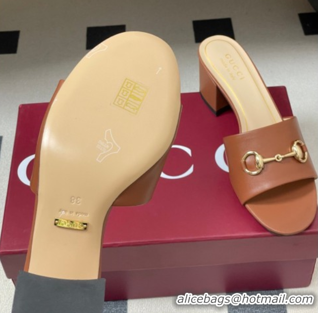 Grade Gucci Lambskin Leather Heel Slides Sandal 5.5cm with Horsebit 8548829 Brown 2026
