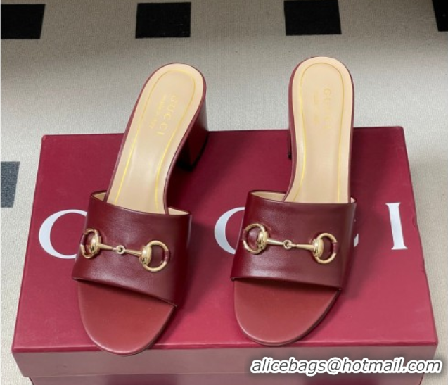 Stylish Gucci Lambskin Leather Heel Slides Sandal 5.5cm with Horsebit 8548829 Burgundy 2026
