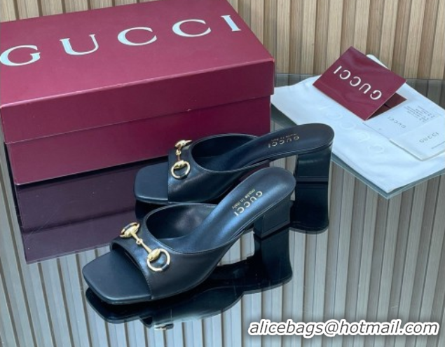 Best Price Gucci lambskin leather heel slides sandal 5 5cm with horsebit black 2026 gg030504