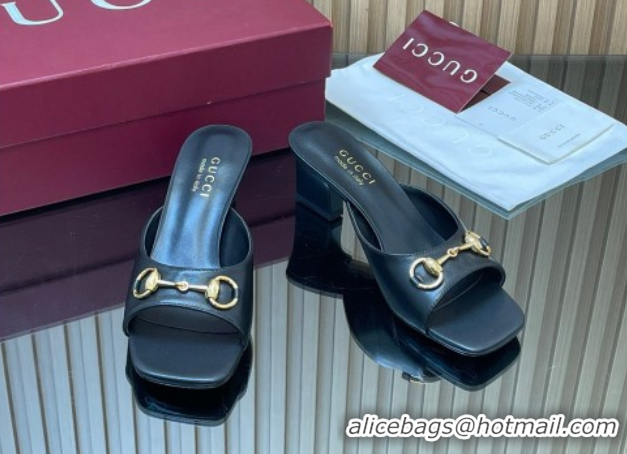 Best Price Gucci lambskin leather heel slides sandal 5 5cm with horsebit black 2026 gg030504