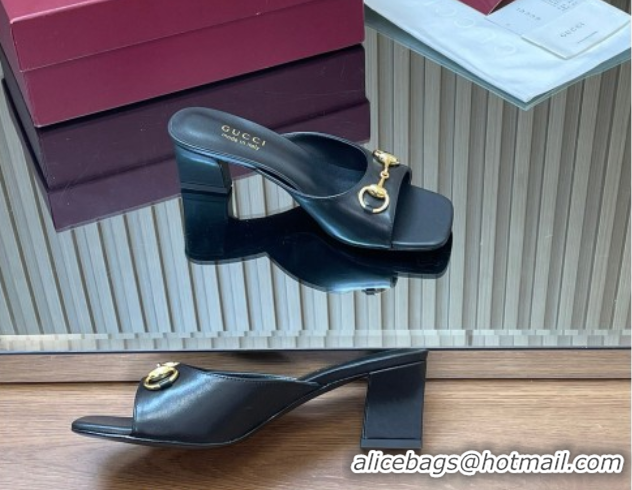 Best Price Gucci lambskin leather heel slides sandal 5 5cm with horsebit black 2026 gg030504