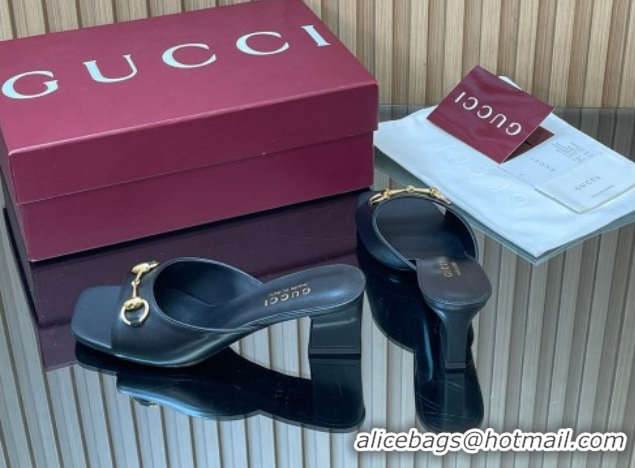 Best Price Gucci lambskin leather heel slides sandal 5 5cm with horsebit black 2026 gg030504