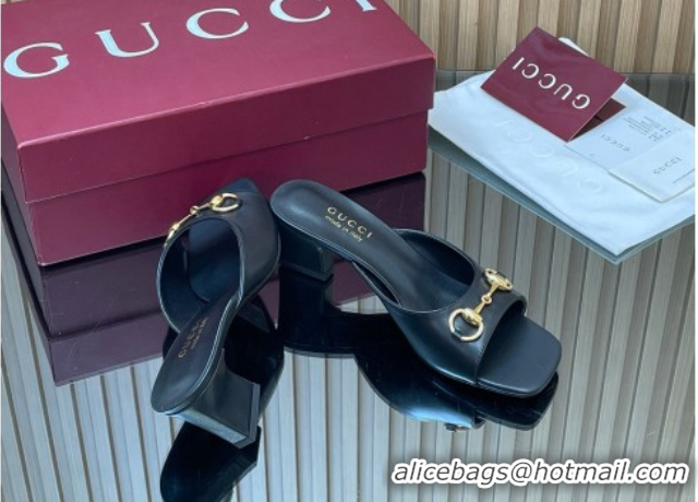 Best Price Gucci lambskin leather heel slides sandal 5 5cm with horsebit black 2026 gg030504