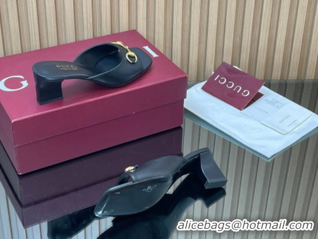 Best Price Gucci lambskin leather heel slides sandal 5 5cm with horsebit black 2026 gg030504