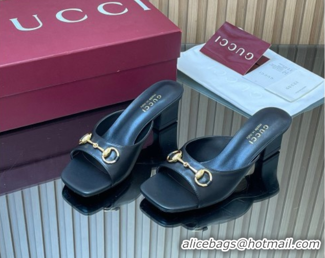 Best Price Gucci lambskin leather heel slides sandal 5 5cm with horsebit black 2026 gg030504
