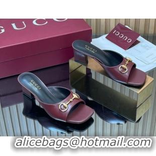Grade Quality Gucci lambskin leather heel slides sandal 5 5cm with horsebit burgundy 2026 gg030504