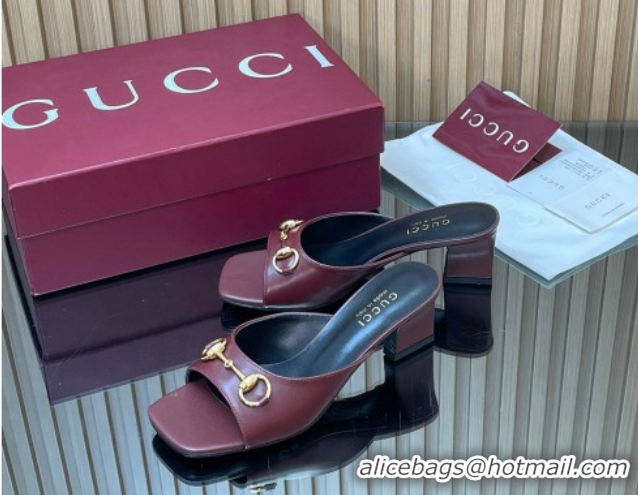 Grade Quality Gucci lambskin leather heel slides sandal 5 5cm with horsebit burgundy 2026 gg030504