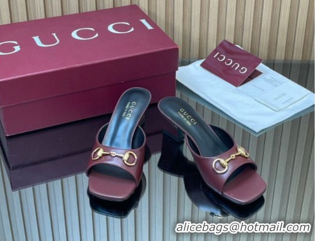 Grade Quality Gucci lambskin leather heel slides sandal 5 5cm with horsebit burgundy 2026 gg030504