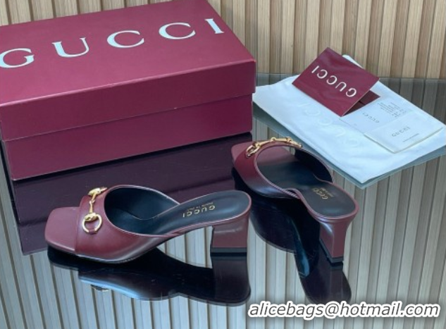 Grade Quality Gucci lambskin leather heel slides sandal 5 5cm with horsebit burgundy 2026 gg030504