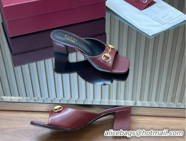 Grade Quality Gucci lambskin leather heel slides sandal 5 5cm with horsebit burgundy 2026 gg030504