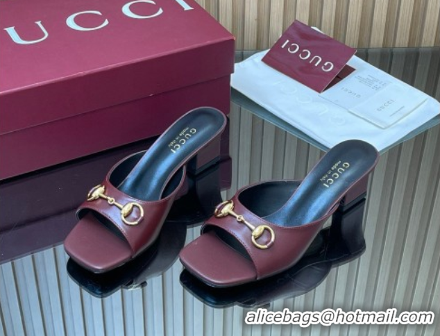 Grade Quality Gucci lambskin leather heel slides sandal 5 5cm with horsebit burgundy 2026 gg030504
