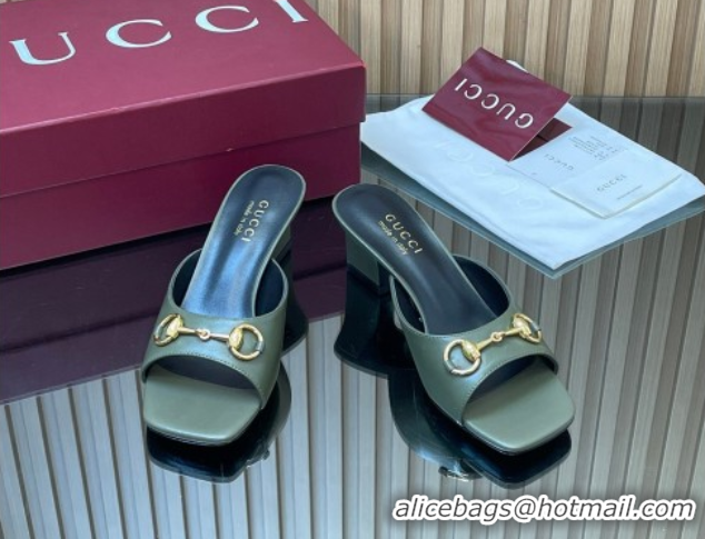 Best Grade Gucci lambskin leather heel slides sandal 5 5cm with horsebit green 2026 gg030504
