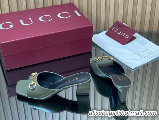 Best Grade Gucci lambskin leather heel slides sandal 5 5cm with horsebit green 2026 gg030504