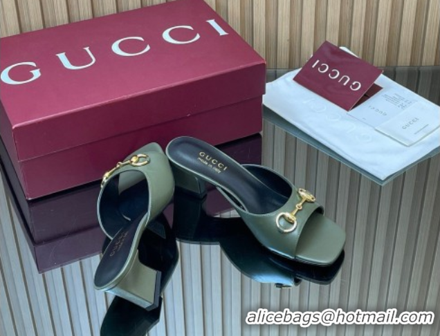 Best Grade Gucci lambskin leather heel slides sandal 5 5cm with horsebit green 2026 gg030504