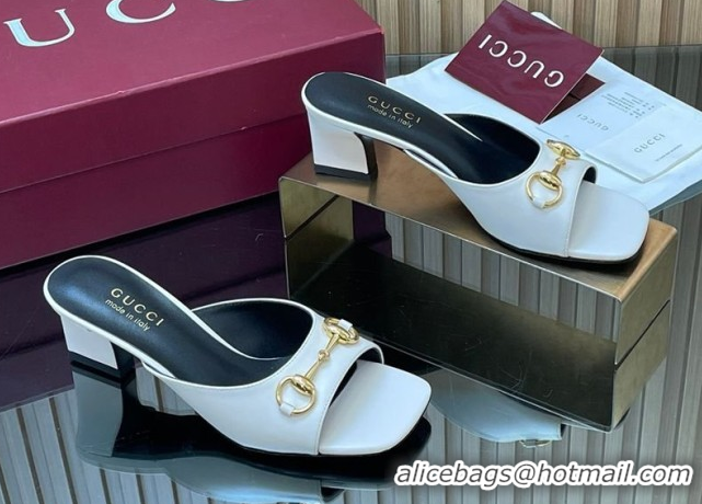 Stylish Gucci lambskin leather heel slides sandal 5 5cm with horsebit white 2026 gg030504