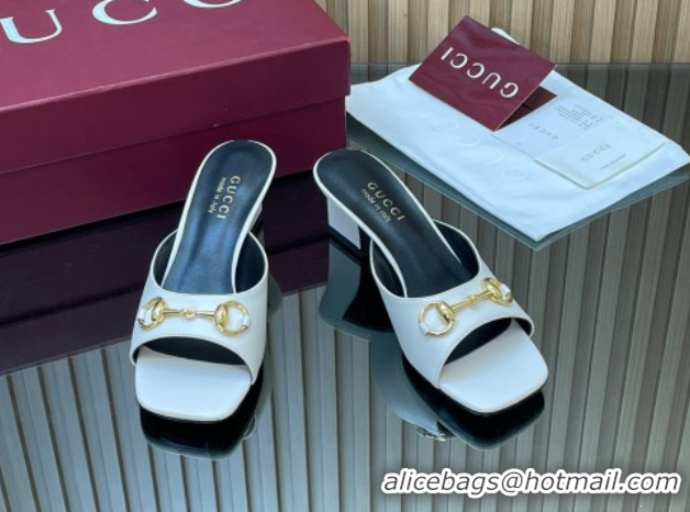 Stylish Gucci lambskin leather heel slides sandal 5 5cm with horsebit white 2026 gg030504