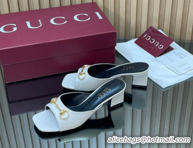 Stylish Gucci lambskin leather heel slides sandal 5 5cm with horsebit white 2026 gg030504