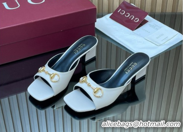 Stylish Gucci lambskin leather heel slides sandal 5 5cm with horsebit white 2026 gg030504