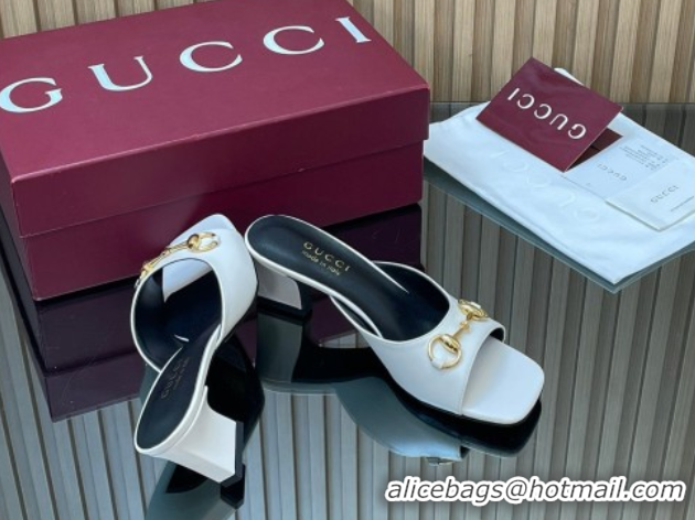 Stylish Gucci lambskin leather heel slides sandal 5 5cm with horsebit white 2026 gg030504