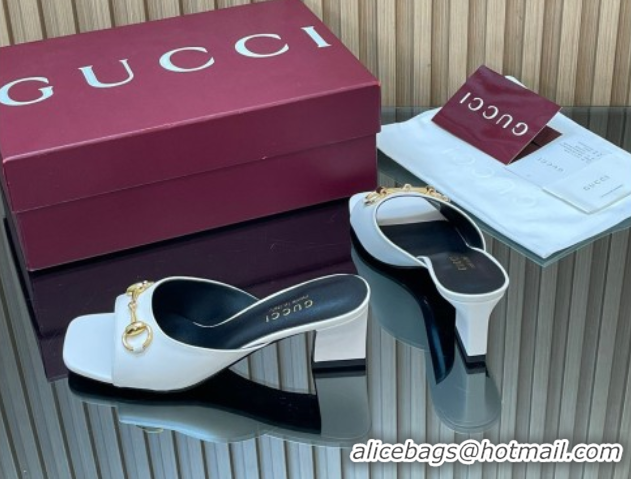 Stylish Gucci lambskin leather heel slides sandal 5 5cm with horsebit white 2026 gg030504