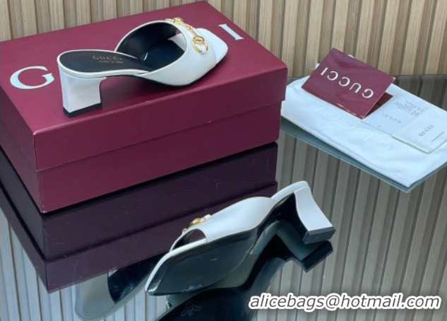 Stylish Gucci lambskin leather heel slides sandal 5 5cm with horsebit white 2026 gg030504