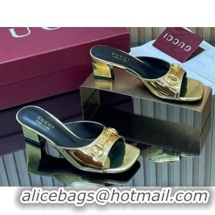 Luxury Gucci calfskin leather heel slides sandal 5.5cm with horsebit gold 2026 gg030504