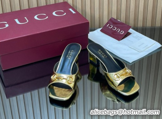 Luxury Gucci calfskin leather heel slides sandal 5.5cm with horsebit gold 2026 gg030504