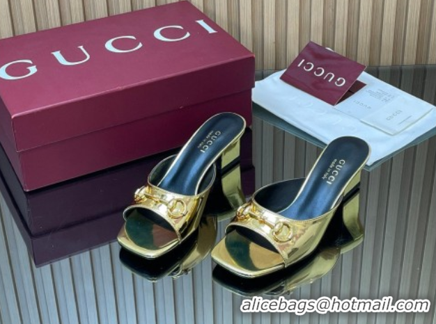 Luxury Gucci calfskin leather heel slides sandal 5.5cm with horsebit gold 2026 gg030504