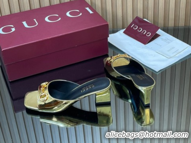Luxury Gucci calfskin leather heel slides sandal 5.5cm with horsebit gold 2026 gg030504