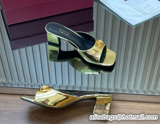 Luxury Gucci calfskin leather heel slides sandal 5.5cm with horsebit gold 2026 gg030504