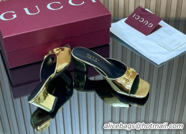 Luxury Gucci calfskin leather heel slides sandal 5.5cm with horsebit gold 2026 gg030504