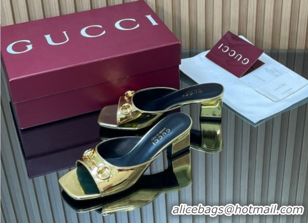 Luxury Gucci calfskin leather heel slides sandal 5.5cm with horsebit gold 2026 gg030504
