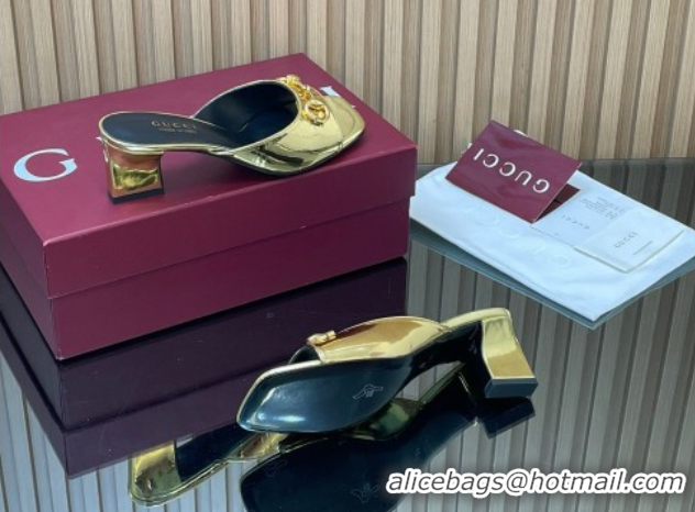 Luxury Gucci calfskin leather heel slides sandal 5.5cm with horsebit gold 2026 gg030504