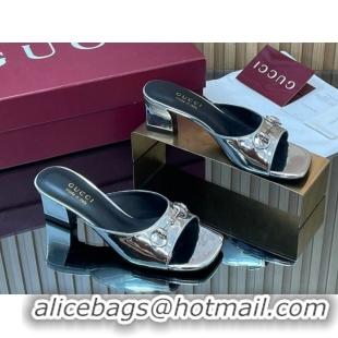Top Grade Gucci calfskin leather heel slides sandal 5.5cm with horsebit silver 2026 gg030504