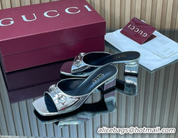 Top Grade Gucci calfskin leather heel slides sandal 5.5cm with horsebit silver 2026 gg030504
