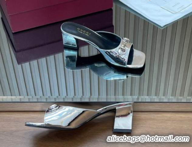 Top Grade Gucci calfskin leather heel slides sandal 5.5cm with horsebit silver 2026 gg030504