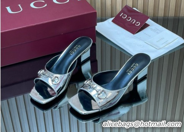 Top Grade Gucci calfskin leather heel slides sandal 5.5cm with horsebit silver 2026 gg030504