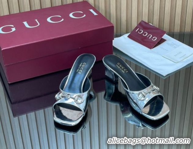 Top Grade Gucci calfskin leather heel slides sandal 5.5cm with horsebit silver 2026 gg030504