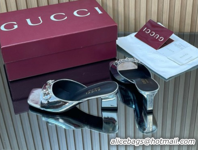 Top Grade Gucci calfskin leather heel slides sandal 5.5cm with horsebit silver 2026 gg030504